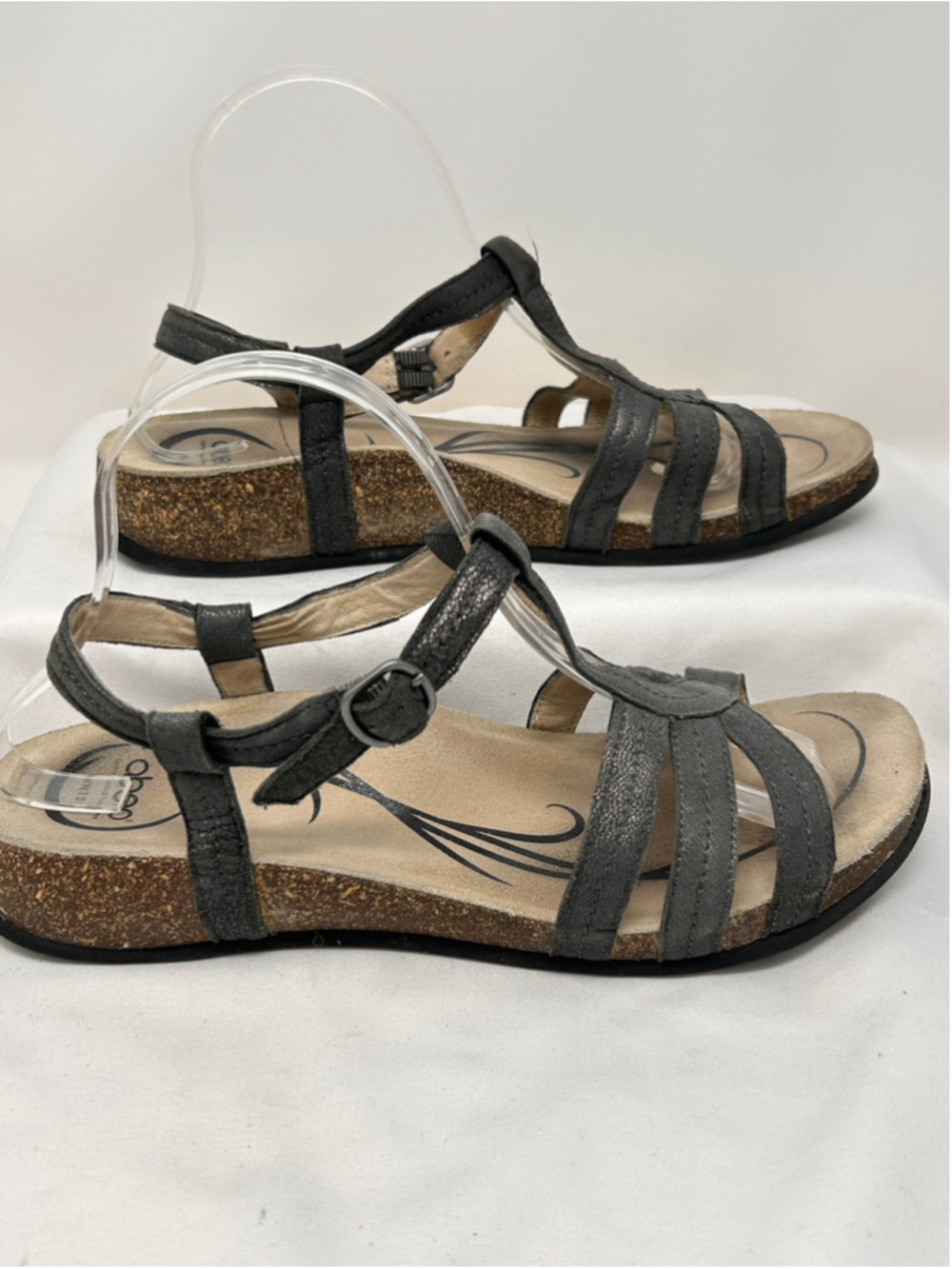ABEO WN10 Metallic Gray Leather T-Strap Cork Footbed Sandals Size 10
